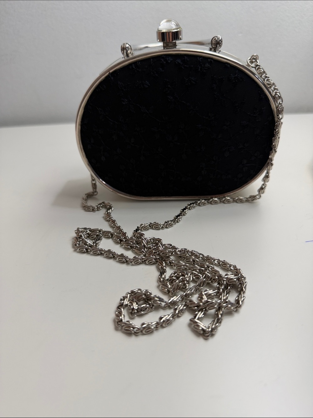 Black Oval Evening Clutch with Silver Chain Strap